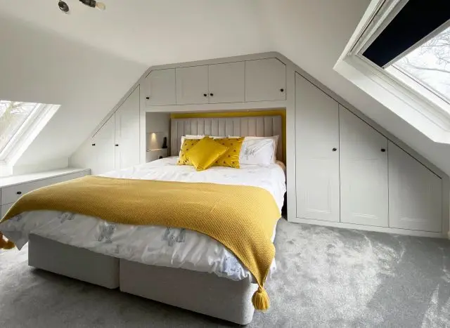 Perfect loft room furniture.✨ Great example of how we can make use of awkward spaces with our bespoke angled wardrobe doors. We wanted to make the furniture feel timeless whilst making use of all the space as much as possible. We have even created a handy little niche either side of the bed with integrated lighting. The room is finished off perfectly with our customers decor! 👌

If you have a similar project in mind feel free to get in touch. We offer a complimentary design visit to all our customers. ✨

📞 07850875588
📨 sales@thomasburridge.co.uk
💻 www.thomasburridge.co.uk
⌨️ or Facebook Message